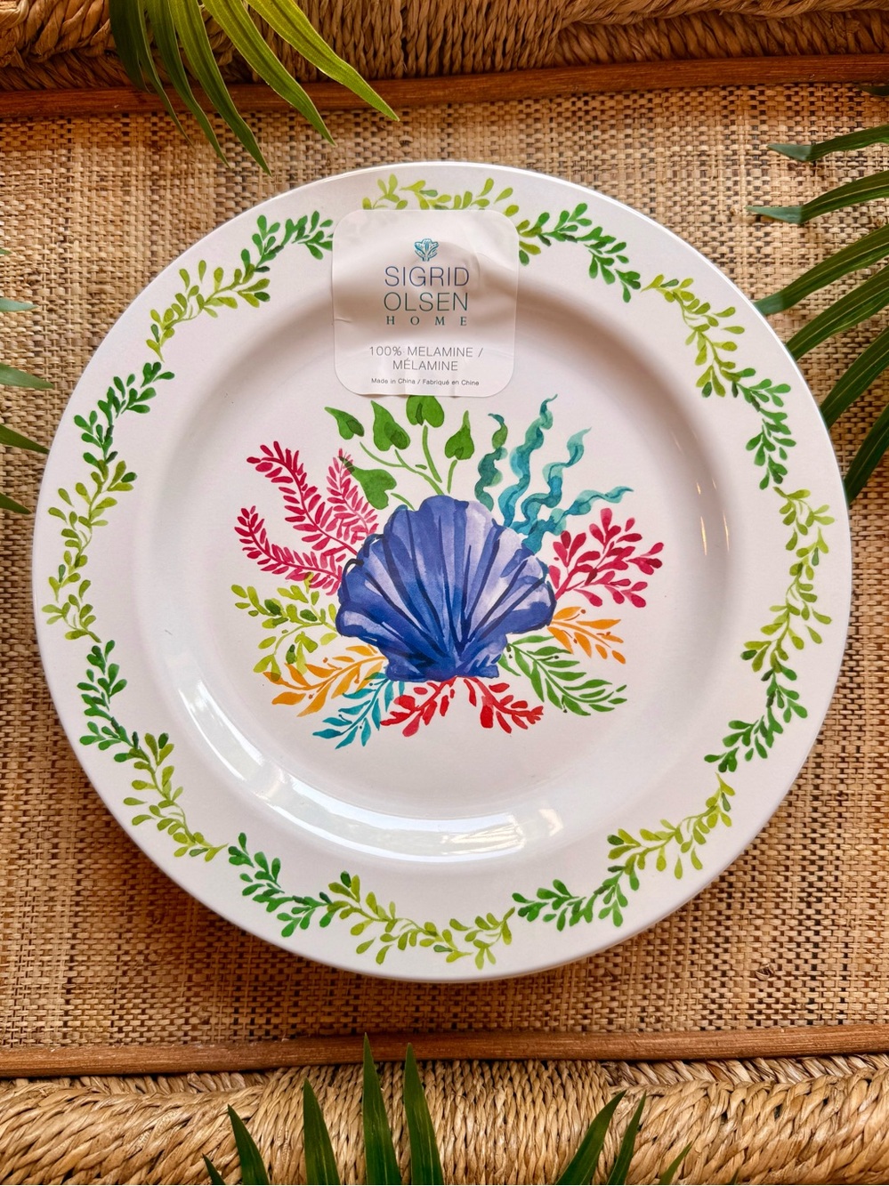 Sigrid Olsen White Seashell Melamine Plate with Seaweed Mermaid Beach